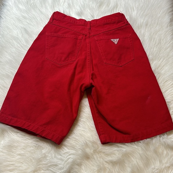 Guess Pants - Vintage Guess Women's Red Denim High Waist Bermuda Shorts 100% Cotton 29